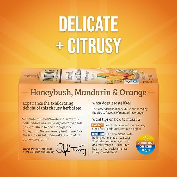 Twinings Honeybush, Mandarin, & Orange Herbal Tea Individually Wrapped Bags, 20 Count (Pack of 6), Naturally Caffeine-Free, Enjoy Hot or Iced, 120 Teabags - Bloomnest