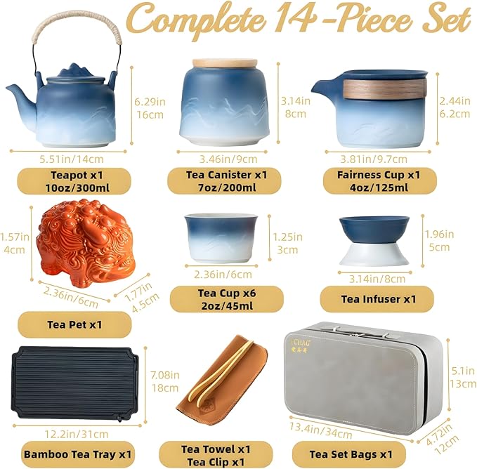 ICHAG Chinese Tea Set, Japanese Tea Sets for Adults, 15-Piece Porcelain Gongfu Tea Set with Tea Pet & Tea Tray, Japanese Teapot Set, Travel Tea Party Set, for Home/Office/Outdoor/Gifts (Blue) - Bloomnest