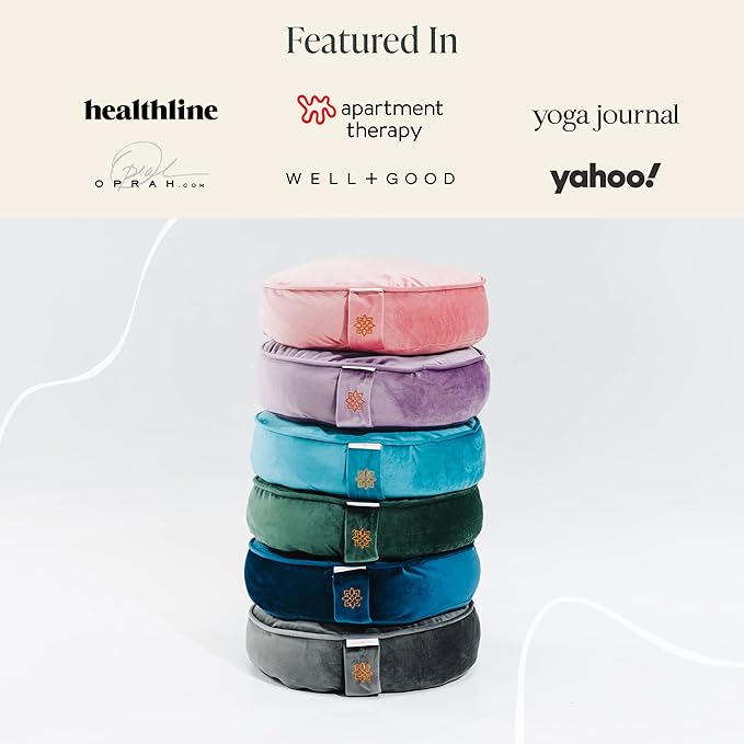 Mindful Modern Velvet Meditation Cushion | Luxe Zafu Yoga Floor Pillow Seat | Posture Support | Buckwheat Hull Filled | Large Round Cushion with Removable Washable Cover + Carry Handle