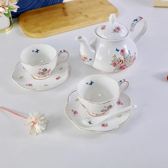 YBK Tech Strengthen Porcelain Coffee Pot Ceramic Teapot- Pink Rose (Teapot+ 2 sets of cup and saucer) - Bloomnest