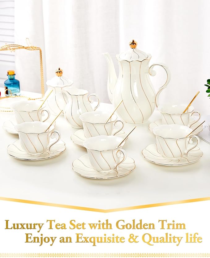 DUJUST 22 pcs White Porcelain Tea Set for 6, Luxury British Style Tea/Coffee Cup Set with Golden Trim, Beautiful Tea Set for Women, Tea Party Set, Gift Package (With a Stand) - Bloomnest