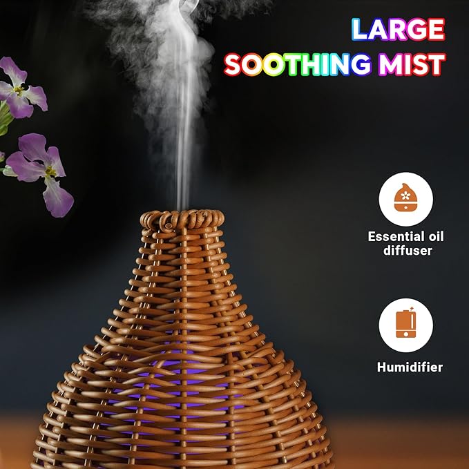 Boho Essential Oil Diffuser for Home Rattan Weaving with Remote Control, 100mL 7 Changing Color Lights Ultrasonic Aroma Humidifier, Noiseless Auto-Off Sleep Mode for Bedroom Office Workout - Bloomnest