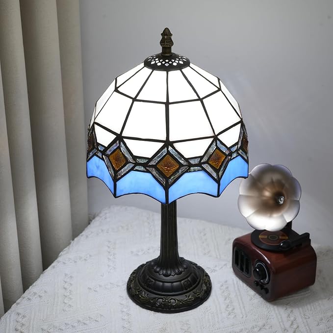 Blue and White Lamp Small Tiffany Lamps Bedside for Bedroom Dector Light Stained Glass Table Lamp Living Room Night Lamp Farmhouse Cute 8 Inch Aesthetic Mediterranean Mosaic Nightstand Desk Lamps E26 - Bloomnest