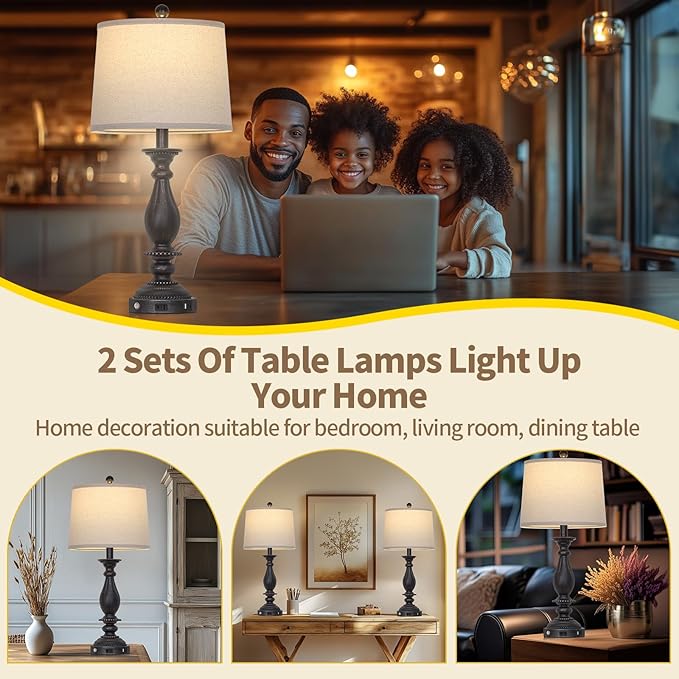 28" Tall Farmhouse Table Lamps for Living Room Set of 2,Vintage Rustic Black Bedside Touch Lamp with USB C+A Ports & AC Outlet, 3-Way Dimmable Resin Nightstand Lamp for Bedroom Entryway Office - Bloomnest
