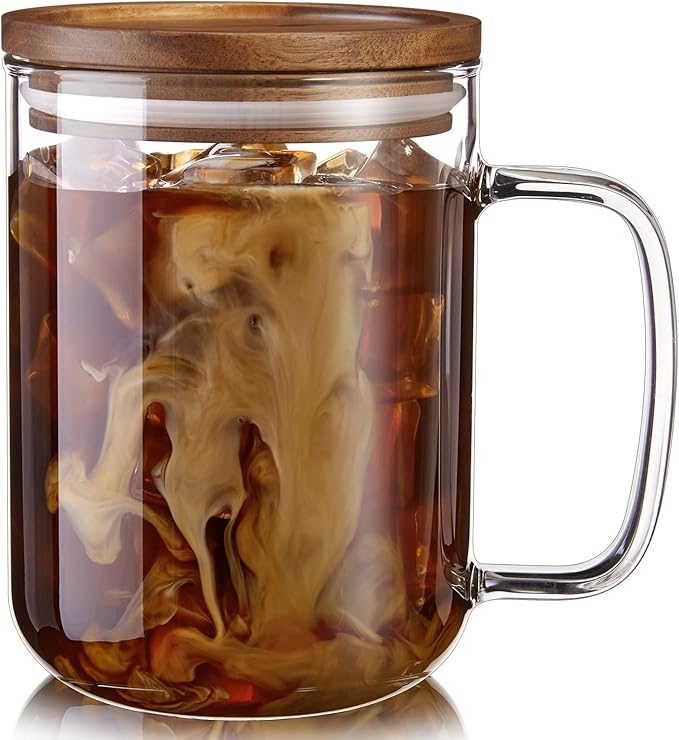 DRASTAR Glass Coffee Mugs, 20 oz Large Iced Coffee Cups, Flat Bottomed Cups with Acacia Wood Lid, Glass Tea Cup with Handle, Clear Tea Cup Set of 1 - Bloomnest