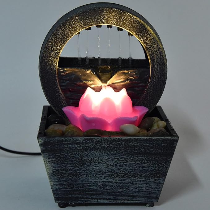Tabletop Fountain, 3V 16.5x11.5x11.5cm Plastic Flower Tabletop Water Fountain, Home Decor with Stones LED Lights for Home Office Indoor Spaces Decor