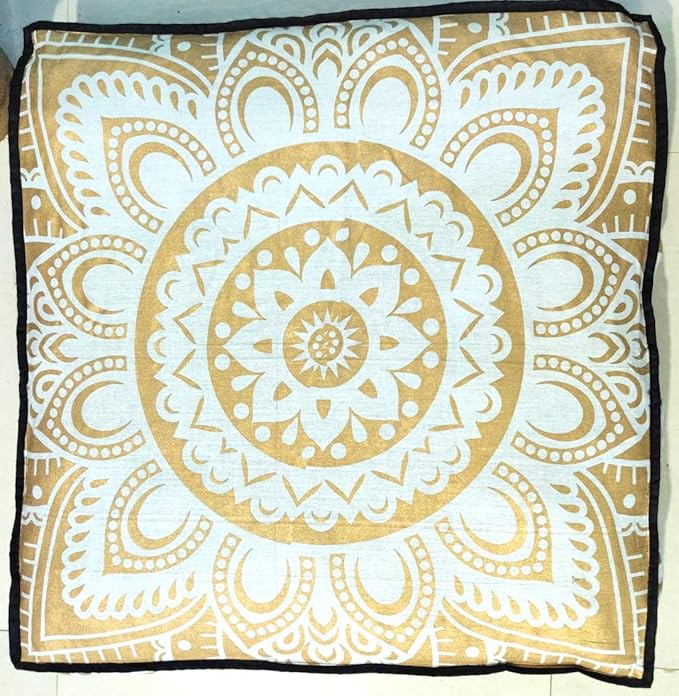24" White Gold Flower Mandala Barmeri Large Floor Pillow Cover Cushion Meditation Seating Ottoman Throw Cover Hippie Decorative Zipped Bohemian Pouf Ottoman Pom Pom Cases 24 " square - Bloomnest