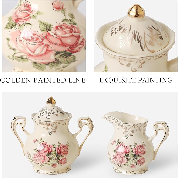 Ceramic Tea Set, 4 Cups and Spoons, One Sugar Bowl, One Milk Kettle, One Storage and Removeable Tray, Pink Rose - Bloomnest