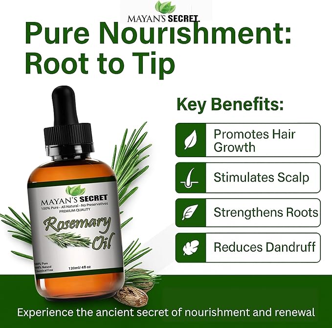 Mayan's Secret Rosemary Essential Oil - Pure and Natural, 4 oz Amber Glass Bottle for Hair, and Skin Care MayansSecret