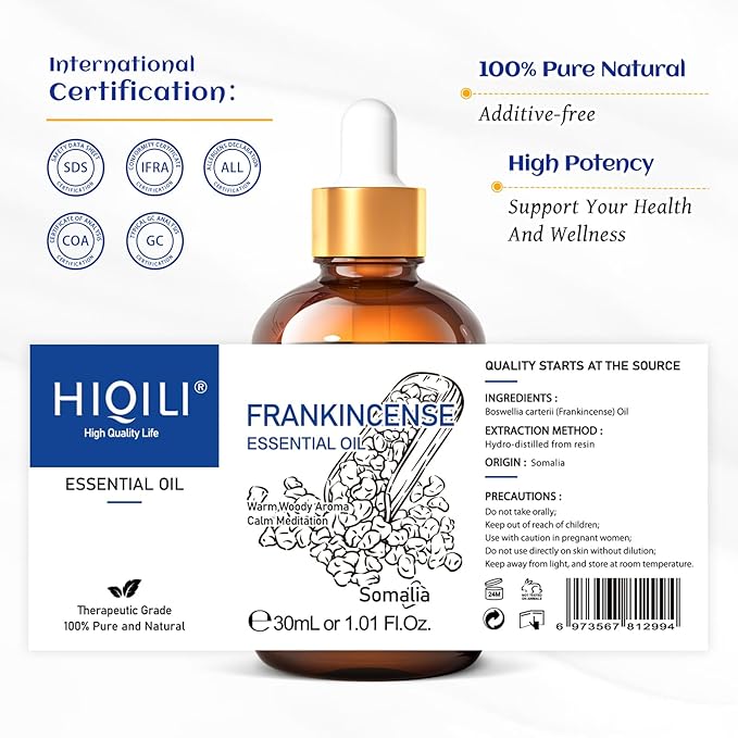 HIQILI 30ML Frankincense Essential Oil, Relaxing, Skin Care, Camp Atmosphere Creation, Can be Added to Body Lotions, Creams, Aromatherapy Use - 1 Fl Oz - Bloomnest