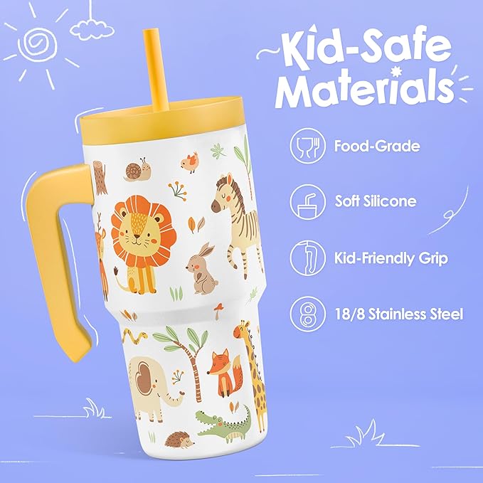 Jungle Animal Tumbler 20oz with Handle and Silicone Straw Lid for Kid, Insulated Stainless Steel Cup, Gift for Kids Boys, Gifts Idea for Birthday Christmas Back to School - Bloomnest