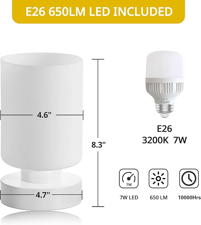 Touch Bedside Lamp, Mini Stepless Dimmable Table Lamps for Bedroom for Night Stands, Small Desk Lamp with Brightness Memory, USB Charging Ports, Warm LED Bulb, White, Cylindrical Shape, 1 Set - Bloomnest