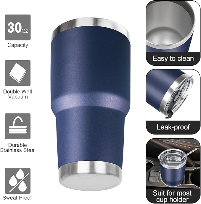 30 oz Tumbler with Lids and Straws Double Wall Vacuum Insulated Tumbler Cup,Stainless Steel Leak-proof Thermal Tumbler Powder Coated Travel Coffee Mug for Cold and Hot Drinks,Navy Blue - Bloomnest