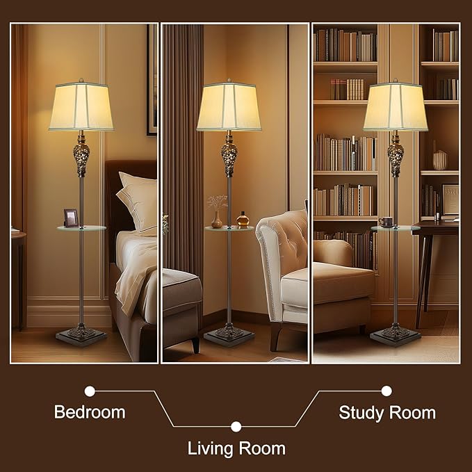 Rustic Floor Lamp for Living Room with Nightlight and Glass Tray, Vintage Standing Lamp with Beige Faux Silk Shade, Farmhouse Tall Lamp for Bedroom Study Home Office Hotel Bar - Brown (Bulb Included) - Bloomnest
