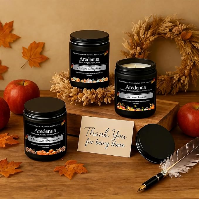 Fall Candles Set – 4 Pack Holiday Scented Soy Candles, 28oz Cozy Winter Candle Scents of Cinnamon, Vanilla Bean & Harvest,Pumpkin | Thanksgiving & Christmas Candle Gifts for Women Men - Bloomnest