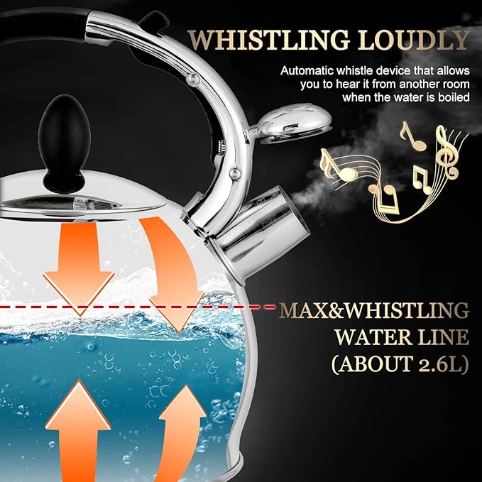 SUSTEAS Stove Top Whistling Tea Kettle - Food Grade Stainless Steel Teakettle Teapot with Cool Touch Ergonomic Handle, With 1 Silicone Pinch Mitt Included,2.64 Quart(SILVER) - Bloomnest