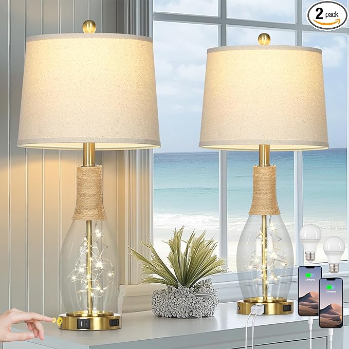 27.5" Coastal Glass Table Lamps Set of 2, Touch Control 3-Way Dimmable Modern Table Lamps with USB A+C Ports & AC Outlets, Farmhouse Rustic Boho Vintage Night Light for Living Room Bedroom Gold Ocean - Bloomnest