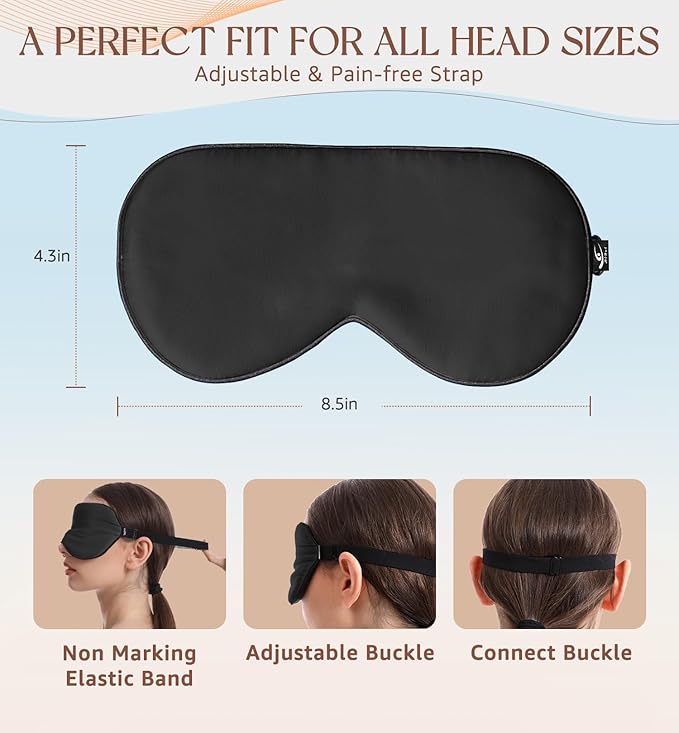 HiRui Silk Sleep Mask, 100% Natural Mulberry Silk of Double-Sided & Inner-Filling, Ultra-Smooth Soft, Adjustable Strap, Blocks Light for Night Sleeping, Travel, Office Naps (Black) - Bloomnest
