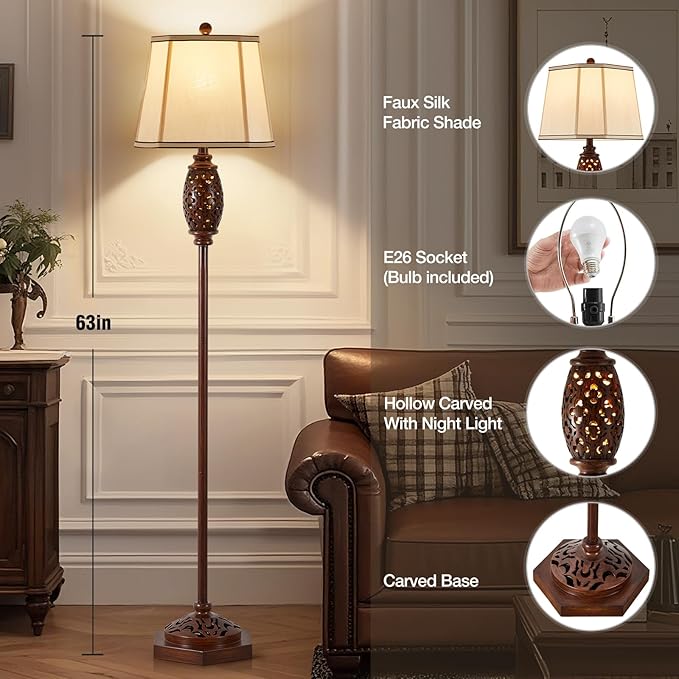 Luvkczc Vintage Floor Lamp - Brown Carved Resin with Hollow Light Design, Rustic Standing Lamp for Living Room, Bedroom, Study(Bulb Included) - Bloomnest