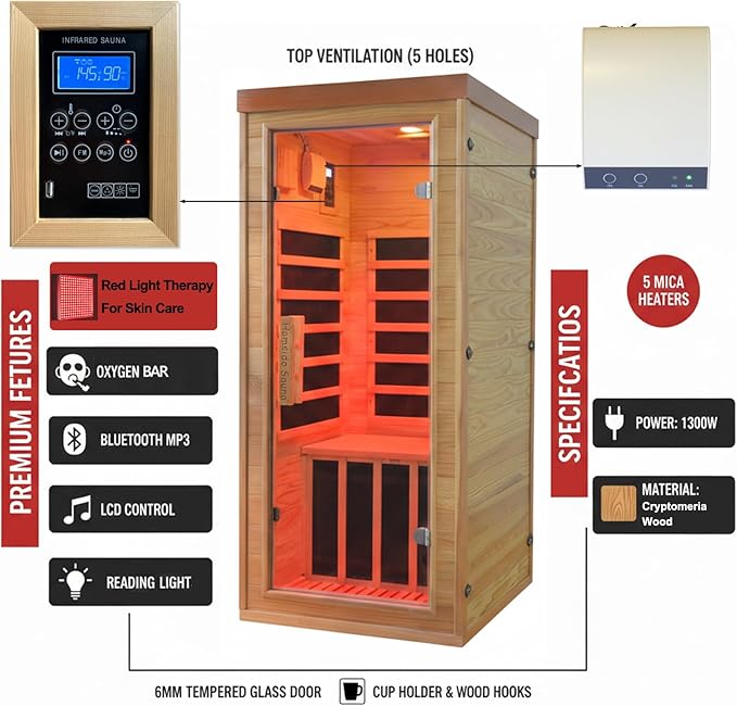 Homsido Red Light Therapy Infrared Sauna, 1300W 110V Indoor Wood Dry Sauna with Carbon Crystal Heaters, Red Light Therapy Lamp,Home Use for Post-Workout Recovery, Spa Relaxation, for Women Men HomsidoFurniture