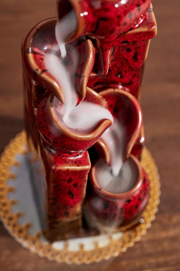 Unique Cascading Basins Ceramic Waterfall Incense Holder, Paired with a Pack of Backflow Incense Cones. (Fambe Red) - Bloomnest