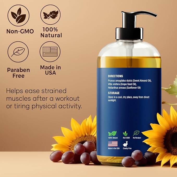 Unscented Massage Oil for Massage Therapy 8 fl oz - Refreshing and Relaxing - Natural Oils with Sweet Almond, Grape Seed and Sunflower Oil - for Men and Women - Nexon Botanics - Bloomnest
