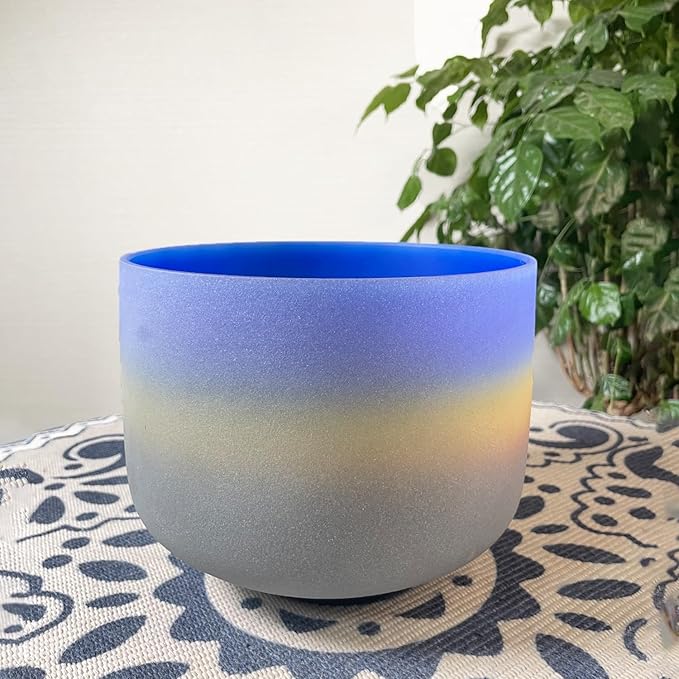 KVKA 8 Inch A Note Third Eye Chakra Rianbow Color Frosted Quartz Crystal Singing Bowl with Suede stiker and Carrying Carrier for Yoga Sound Musical Instrument - Bloomnest