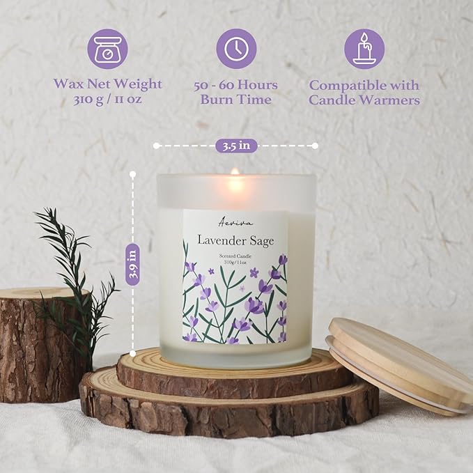 Lavender Sage Scented Candle, 11oz 60 Hour Burn, Natural Soy Wax with Thick Cotton Wick, Highly Scented Aromatherapy Candle for Stress Relief & Meditation, Gifts for Women & Men - Bloomnest