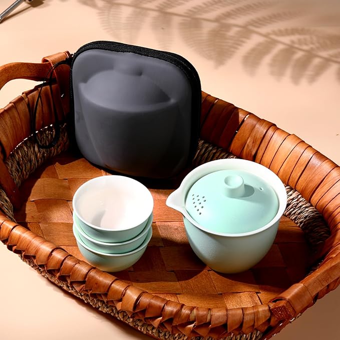 Porcelain Chinese Gongfu Tea Sets for Adults Ceramic japanese Tea Set Portable Kungfu Gaiwan Teapot and Cup Set Small Travel Teaset with Lid for Home Gifting Outdoor and Office (Blue) - Bloomnest