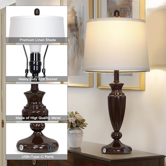 27'' Brown Living Room Lamps Set of 2, 3 Way Touch Control Table Lamps with USB A+C Ports, Modern Bedside Lamps, Elegant Metal Nightstand Lamps for Bedroom Office End Table Decoration - Bloomnest