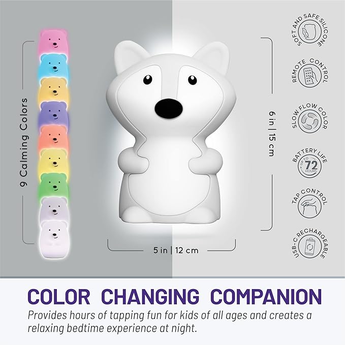 Lumipets Fiona The Fox Squishy Night Light for Kids | Silicone Mood Lamp with Tap & Remote Control | Rechargeable Color Changing Animal NightLight for Boys & Girls | Portable Nightlight with USB Cord - Bloomnest
