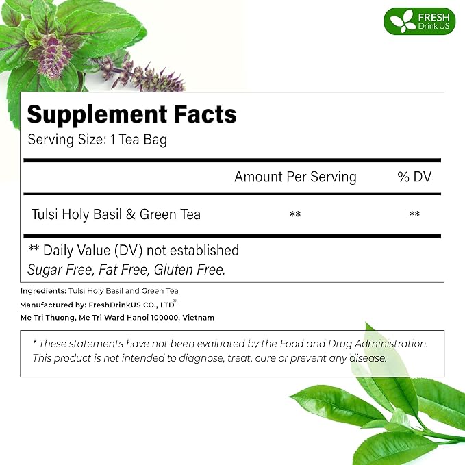 FreshDrinkUS, Premium 135 Tulsi Green Tea Bags, 100% Natural, Blend of Tulsi Holy Basil Leaves, and Green Tea Leaves. Made with Natural Material Tea Bags. No Sugar, Vegan. - Bloomnest