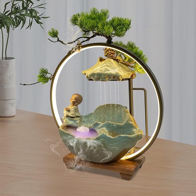 Tabletop Water Fountain, Indoor Waterfall with Round LED Light Ceramic Meditation Monk, Mist Maker and Incense Holder for Home Office Decor - Bloomnest