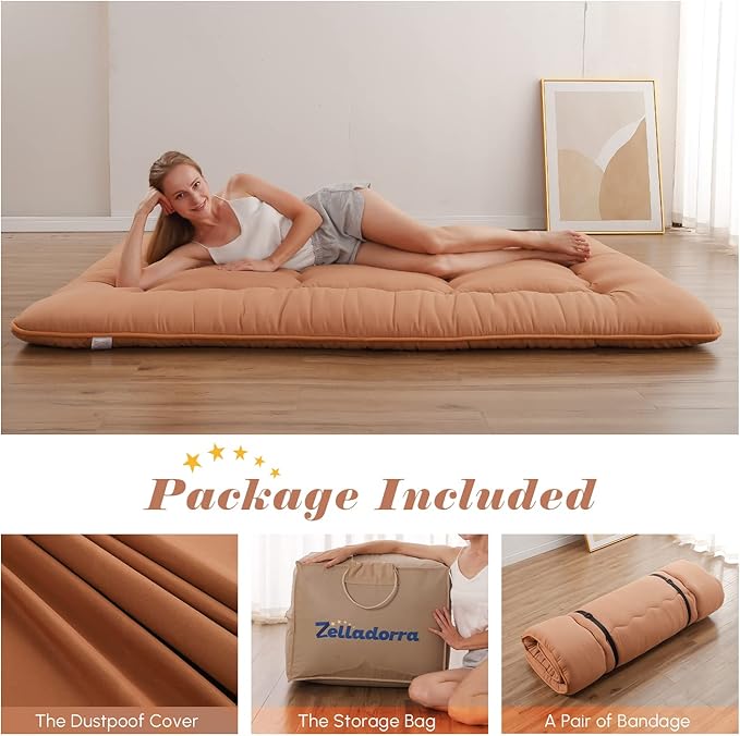 Japanese Floor Mattress, Futon Mattress with Portable Storage Bag and Washable Cover, Roll Up Thick Tatami Mat Suitable for Camping, Guest Room, Light Coffee, Twin - Bloomnest