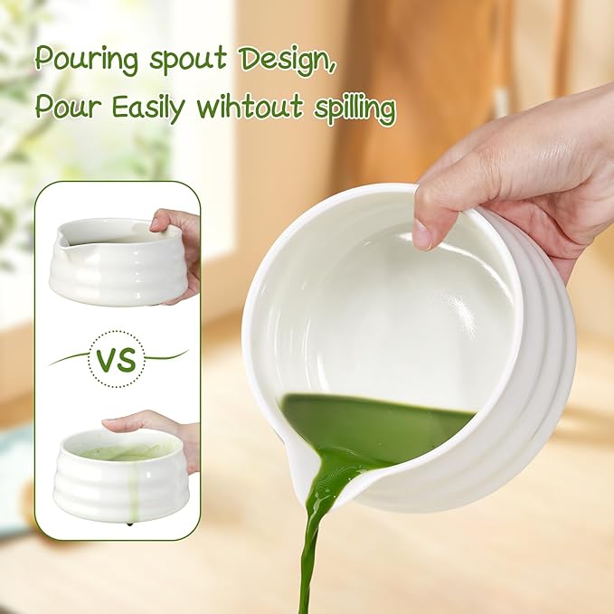 7 Pcs Matcha Whisk Set Macha Kit with Chawan Spout Bowl Bamboo Brush Chasen Holder Powder Starter Sifter Ceramic Japanese Making Matcha Tea Tool with Spoon and Tea Towel for Ceremony Gift (White) - Bloomnest