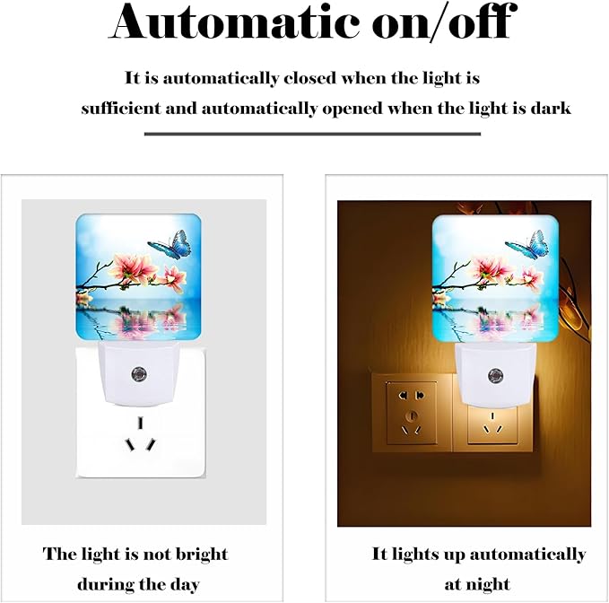 Butterfly and Magnolia Flower Night Light,Plug Into Wall for Boys Girls Bedroom Decorative Square Night Light Lamp 0.5w Sleep Friendly