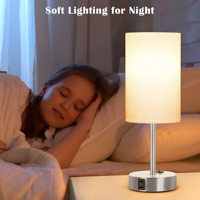 ZJOJO Table Lamp for Bedroom Set of 2, Bedside Small Lamps with 3 Way Dimmable Rocker Switch and AC Outlet, Nightstand Desk Lamp with White Fabric Shade Nickel Base for Living Room Home Decor Lights - Bloomnest