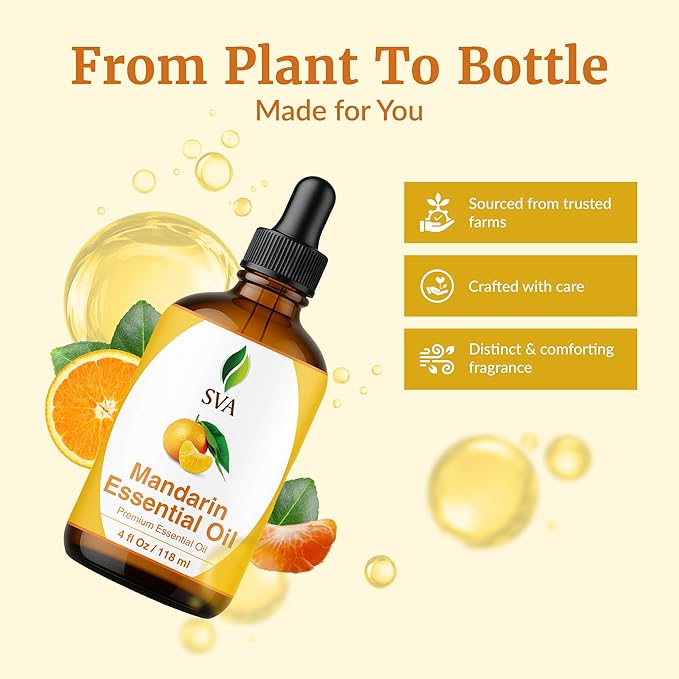 SVA Mandarin Essential Oil – 4 Fl Oz – 100% Natural Mandarin Oil - for Diffuser, Hair Care, Face, Skin Care, Aromatherapy, Scalp and Body Massage, Soap and Candle Making – with Dropper - Bloomnest