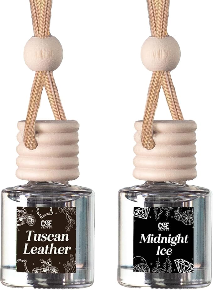 C&E Craft Co Hanging Car Air Freshener Diffuser 2 Pack, Long Lasting Fragrance Oil Car Freshener, Glass Bottle Auto Air Freshener, Made in USA (Tuscan Leather & Midnight Ice) - Bloomnest