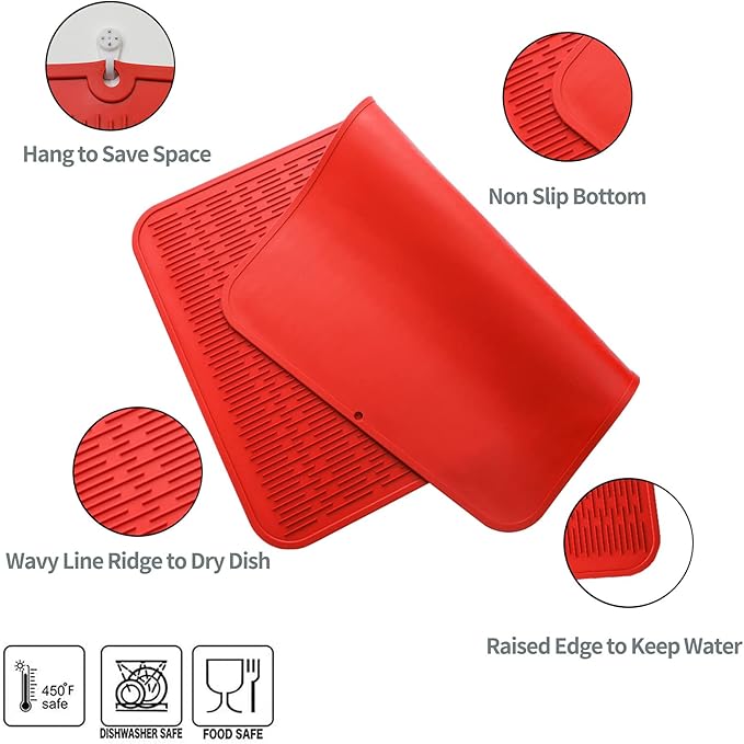 Silicone Dish Drying Mat for Multiple Usage,Easy clean,Eco-friendly,Heat-resistant Silicone Mat for Kitchen Counter or Sink,Refrigerator or Drawer Liner Red 4XL 32 inches x 18 inches - Bloomnest