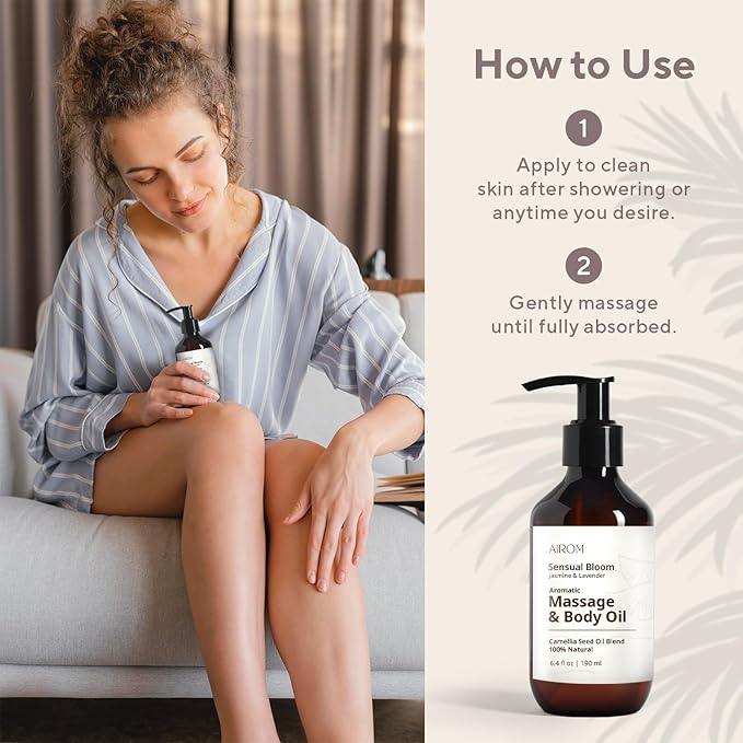 AiROM Jasmine & Lavender Massage Oil for Massage Therapy - Scented Body Oil for Women – Hypoallergenic, Relaxing Aromatherapy, Non-Greasy, Spa Quality - Gift for Her, Spa Gift - 6.4 fl oz - Bloomnest