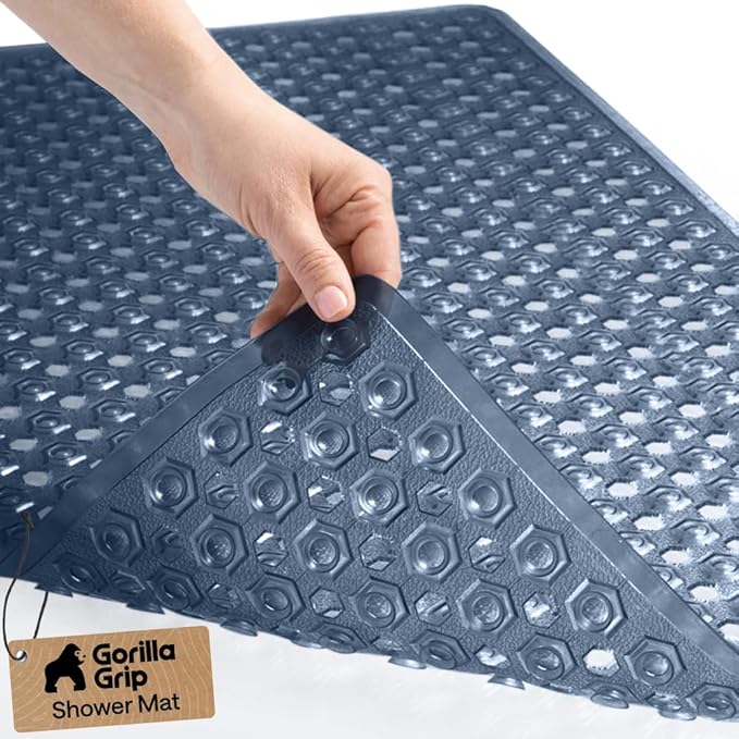 GORILLA GRIP Patented Bath Tub Shower Mat, Machine Washable Bathtub Floor Liner Mats, Suction Cups and Drain Holes to Keep Tubs Clean, Soft on Feet, Bathroom Essentials, 35x16 Inch, Clear Navy - Bloomnest