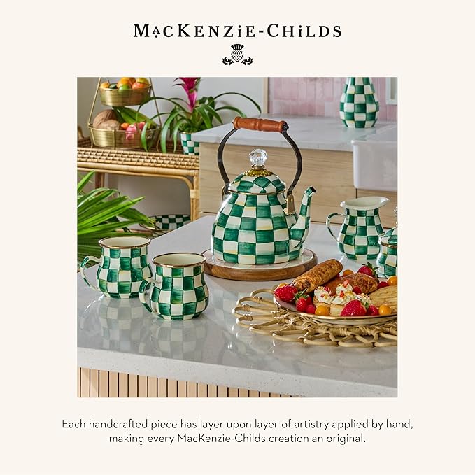 MACKENZIE-CHILDS Enamel Teapot, Cute Small Teapot with Lid, 4-Cup Capacity, Green-and-White Emerald Check - Bloomnest
