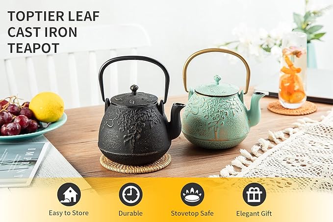 Tea Kettle, TOPTIER Japanese Cast Iron Tea Pot for Stove Top, Cast Iron Teapot Humidifier for Wood Stove, Leaf Design Tea Kettle Coated with Enameled Interior for 32 Ounce (950 ml), Black - Bloomnest