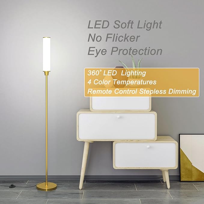Floor Lamp with Remote Control,Bright Floor Lamps for Living Room/Bedroom/Office, Stepless Adjustable 3000K-6000K Colors and 10-100% Brightness,Standing Light with Foot Switch (Brass Gold) - Bloomnest
