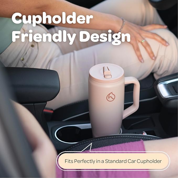 Hydracy Soulmate 40 oz Tumbler with Handle and Flip Straw - 100% Leakproof Reusable Insulated Cup with Stainless Steel Straw - Cupholder Friendly Rubber Base Travel Mug - Cafe Creme - Bloomnest