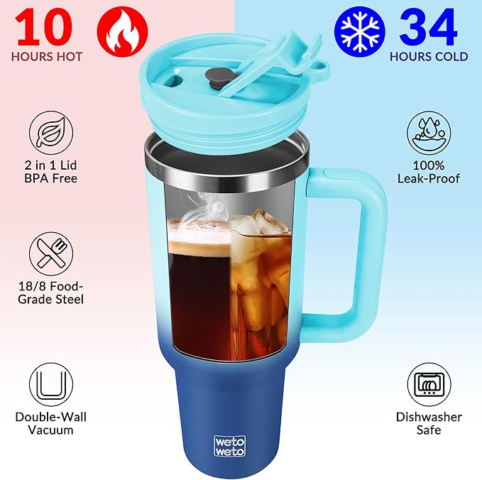 40oz Tumbler with Handle | Insulated Stainless Steel Travel Mug | 34Hrs Cold & 10Hrs Hot Retention | 100% Leakproof Lid & Straw | Dishwasher Safe + Car Cup Holder Fit (Light Dark Blue Gradient) - Bloomnest