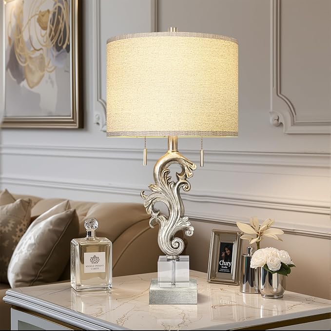 Scenekoy Vintage Table Lamp Set of 2 for Bedroom Living Room, 26.75” Silver Leaf Sculptural Night Stand Bedside Lamps with USB Ports, Rustic Nightstand Lamp Line Shade for Home Decor (Bulbs Included) - Bloomnest