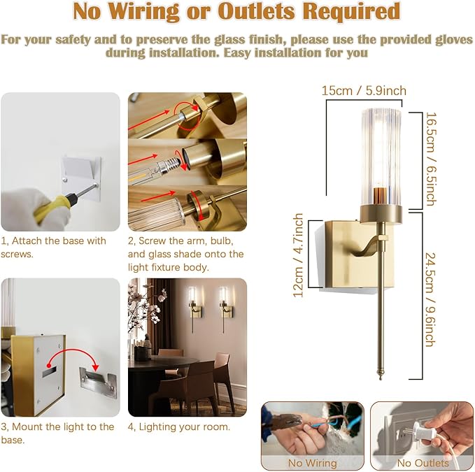 Battery Operated Wall Sconces Set of Two with Remote, Gold Rechargeable Wireless Wall Lights, Sconces Wall Decor Set of 2 Dimmable 2700K Battery Powered Sconce for Bathroom Living Room Hallway - Bloomnest