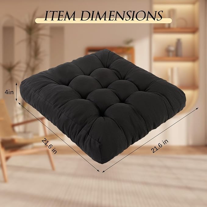 Meditation Floor Cushions Set of 2, Thickened Floor Pillow for Adults, Large Square Pillows Seat Cushion for Tatami Living Room Yoga, Memory Sponge Block Added, 22x22 Inch, Black